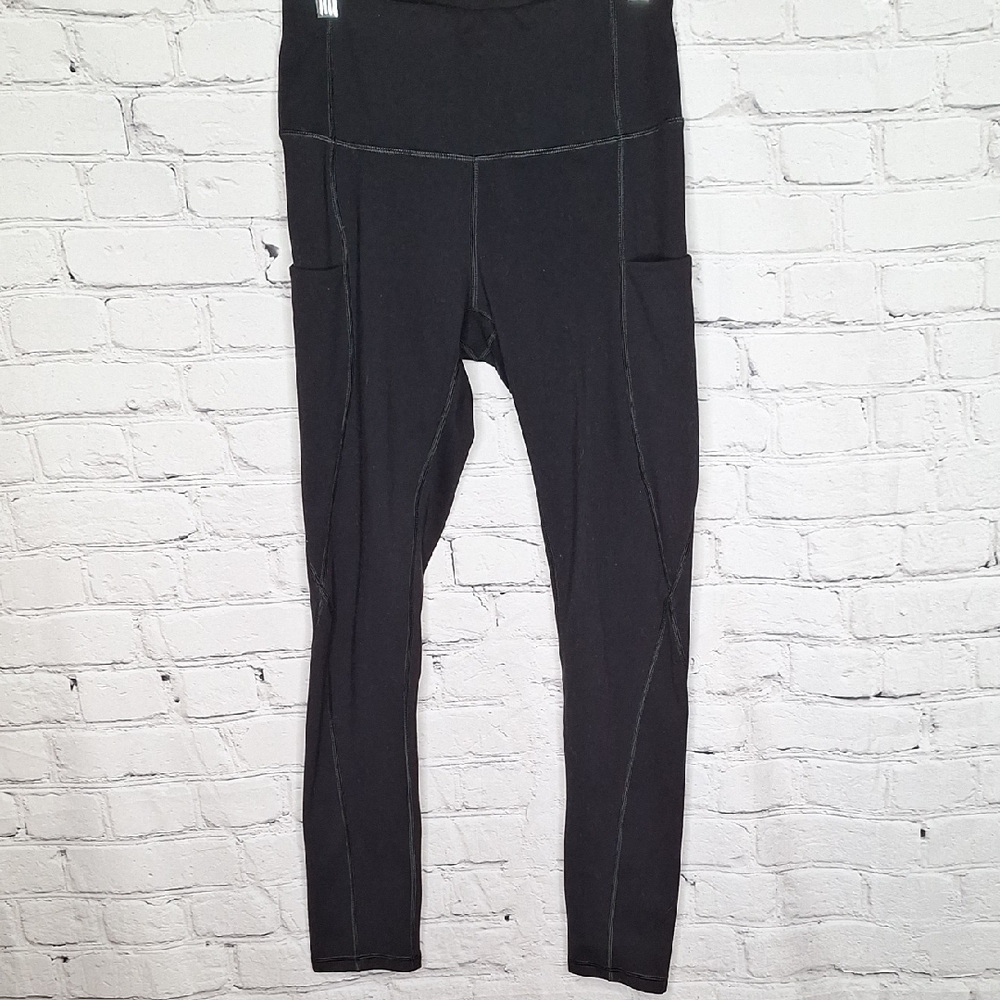 Phisockat Black Ankle Length Legging Wide Waistband Thigh Pockets Sz S